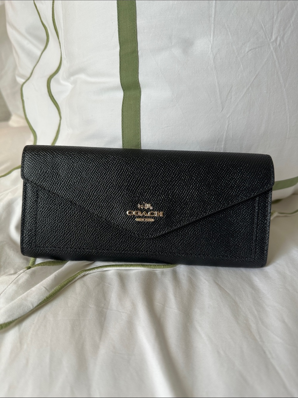 COACH Black Crossgrain Leather Envelope Clutch Wallet with Gold Logo
